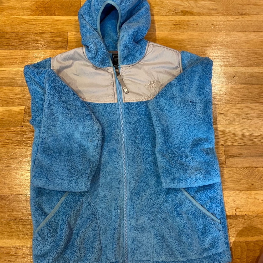 Blue fuzzy  North Face zip up jacket girls size L